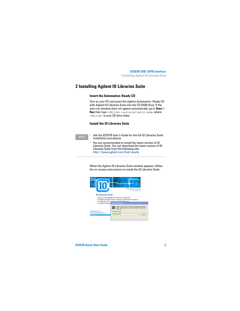 2 installing agilent io libraries suite, Insert the automation-ready cd, Install the io libraries suite | Agilent Technologies 82357B User Manual | Page 9 / 34