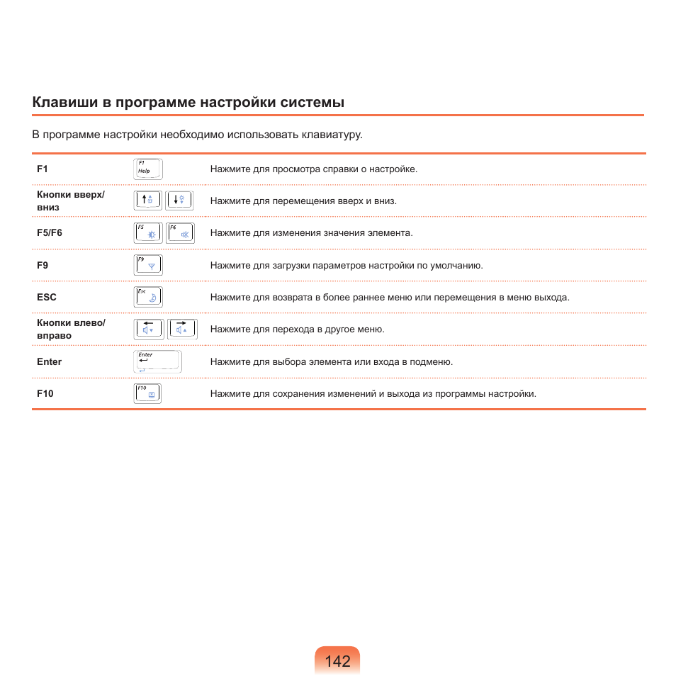 Клавиши в программе настройки системы | Samsung NP-Q45C User Manual | Page 143 / 208