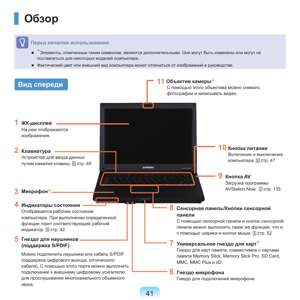 Обзор, Вид спереди | Samsung NP-Q45C User Manual | Page 42 / 208