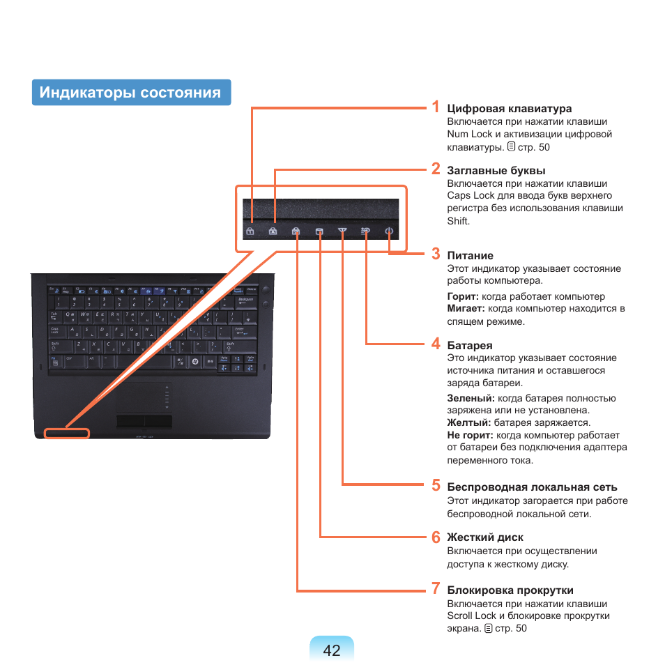 Индикаторы состояния, 2 индикаторы состояния | Samsung NP-Q45C User Manual | Page 43 / 208