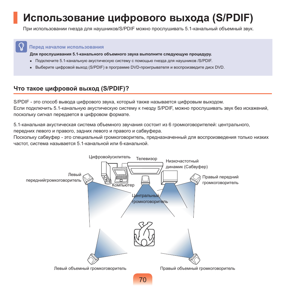 Использование цифрового выхода (s/pdif), Что такое цифровой выход (s/pdif) | Samsung NP-Q45C User Manual | Page 71 / 208