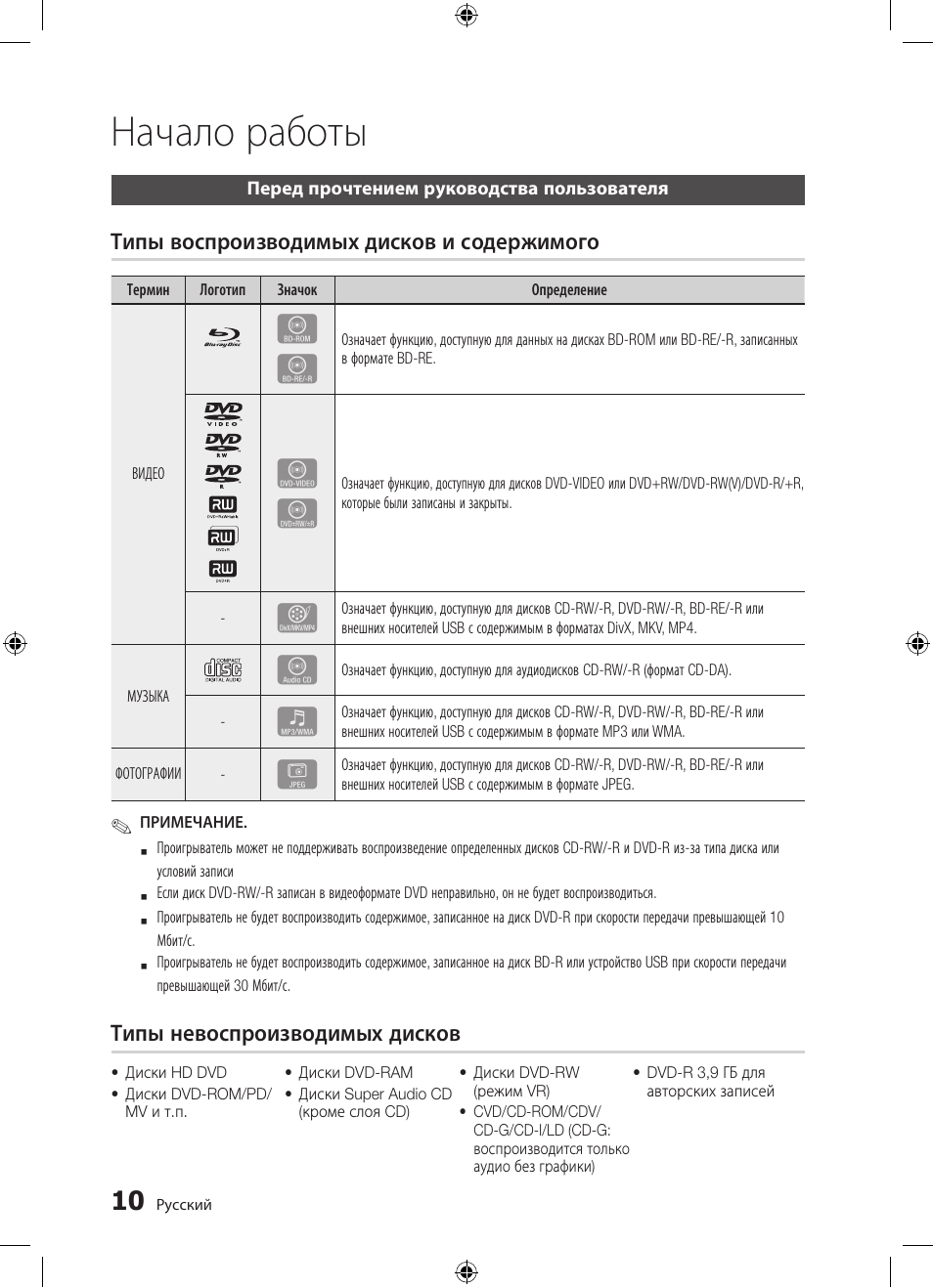 Начало работы | Samsung BD-D5300 User Manual | Page 10 / 211