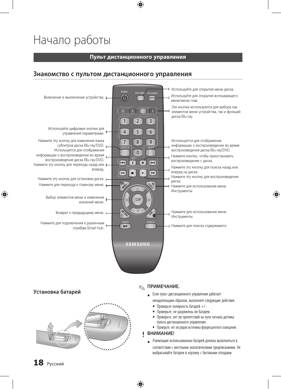 Начало работы, Знакомство с пультом дистанционного управления | Samsung BD-D5300 User Manual | Page 18 / 211