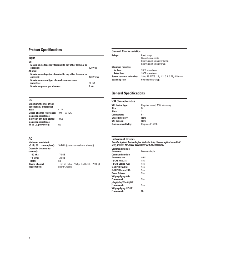 Product specifications, General specifications | Agilent Technologies Agilent E1345A User Manual | Page 2 / 5