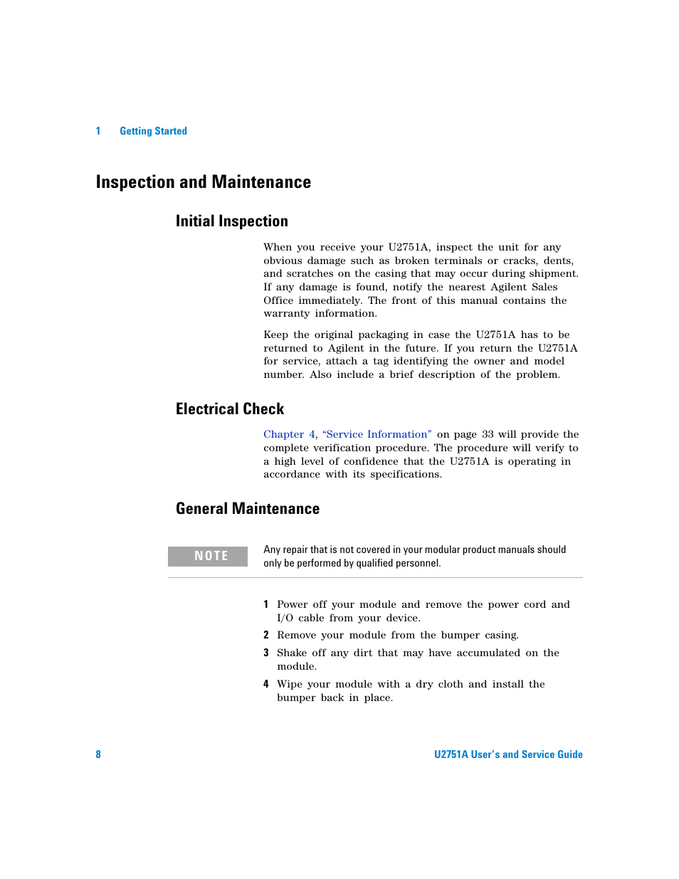 Inspection and maintenance, Initial inspection, Electrical check | General maintenance | Agilent Technologies U2751A User Manual | Page 24 / 57