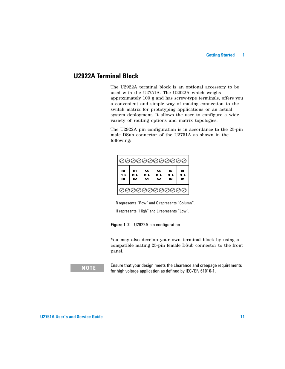 U2922a terminal block, Figure 1-2. u2922a pin configuration | Agilent Technologies U2751A User Manual | Page 27 / 57