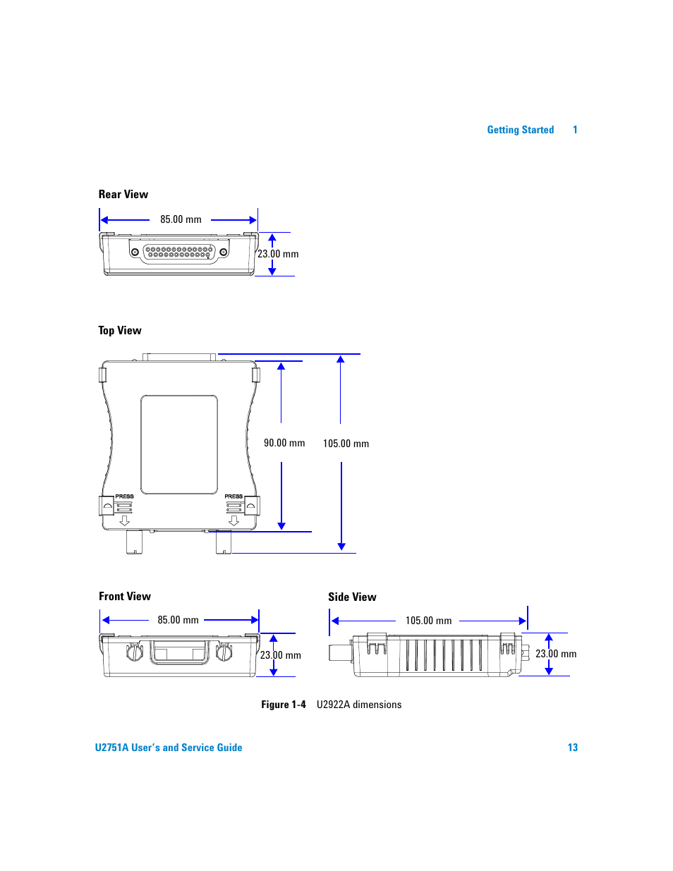 Figure 1-4. u2922a dimensions | Agilent Technologies U2751A User Manual | Page 29 / 57