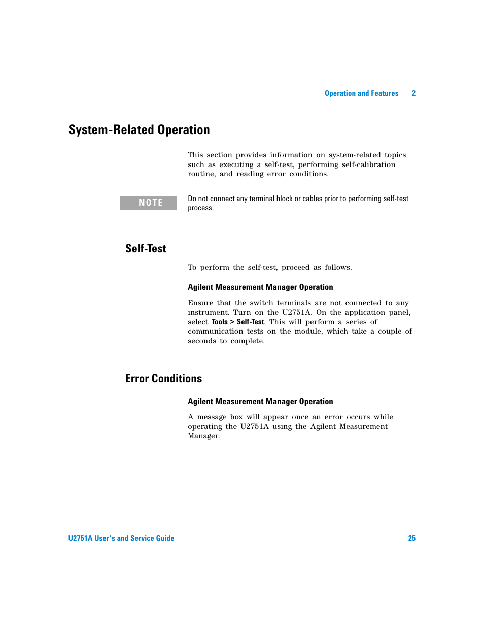 System-related operation, Self-test, Error conditions | Agilent Technologies U2751A User Manual | Page 41 / 57