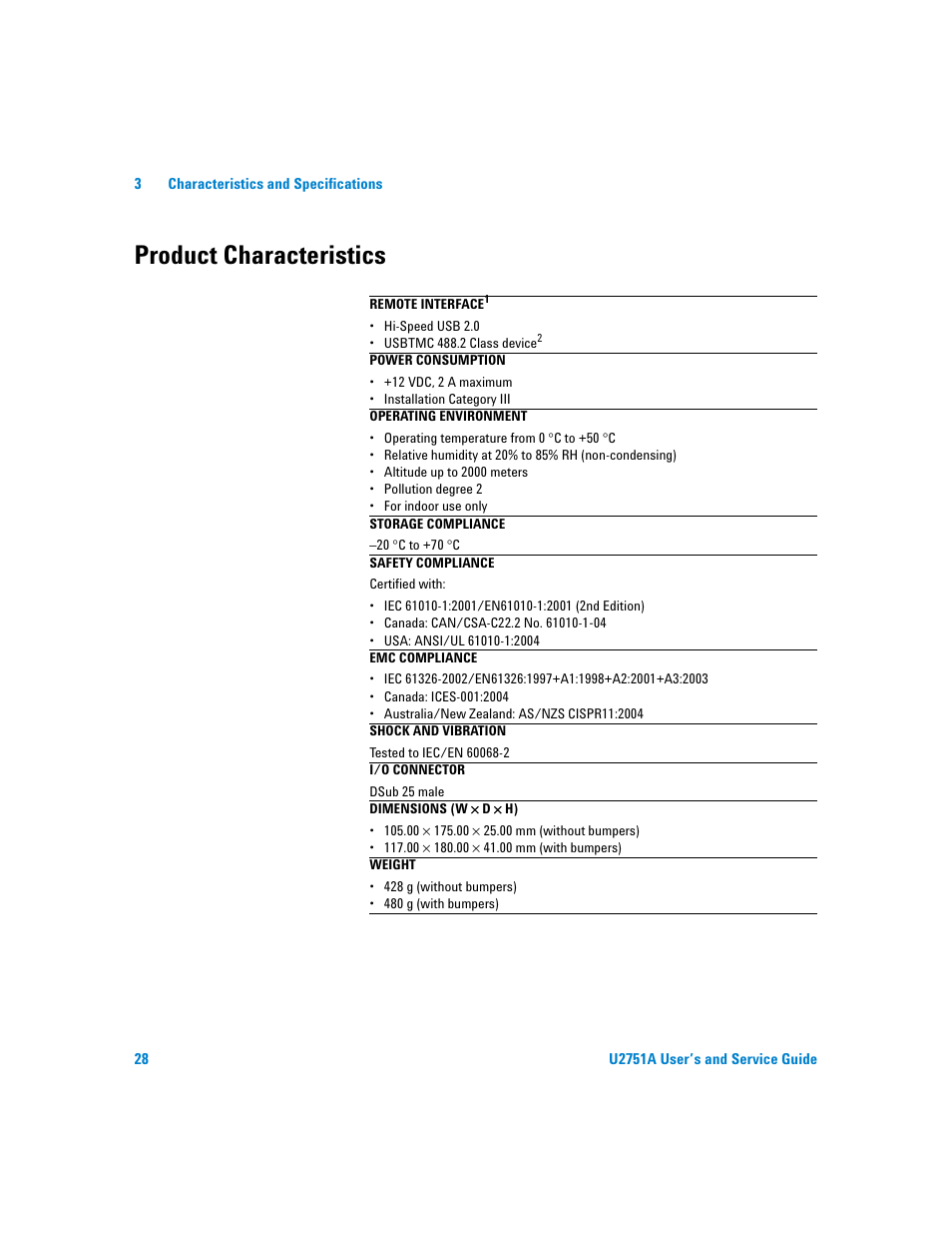 Product characteristics | Agilent Technologies U2751A User Manual | Page 44 / 57