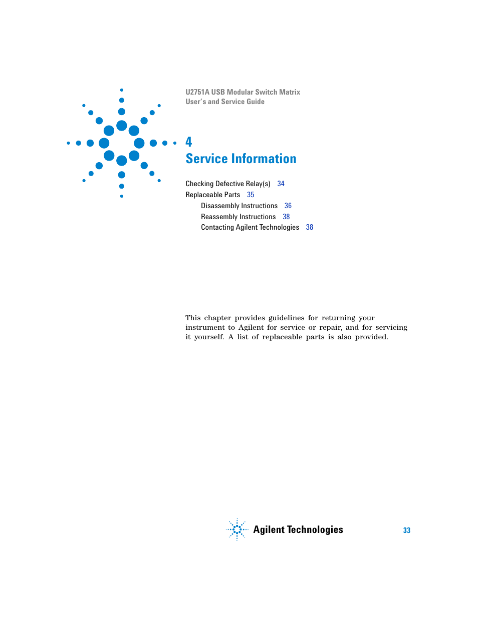 Service information, Chapter 4, 4 service information | Agilent technologies | Agilent Technologies U2751A User Manual | Page 49 / 57