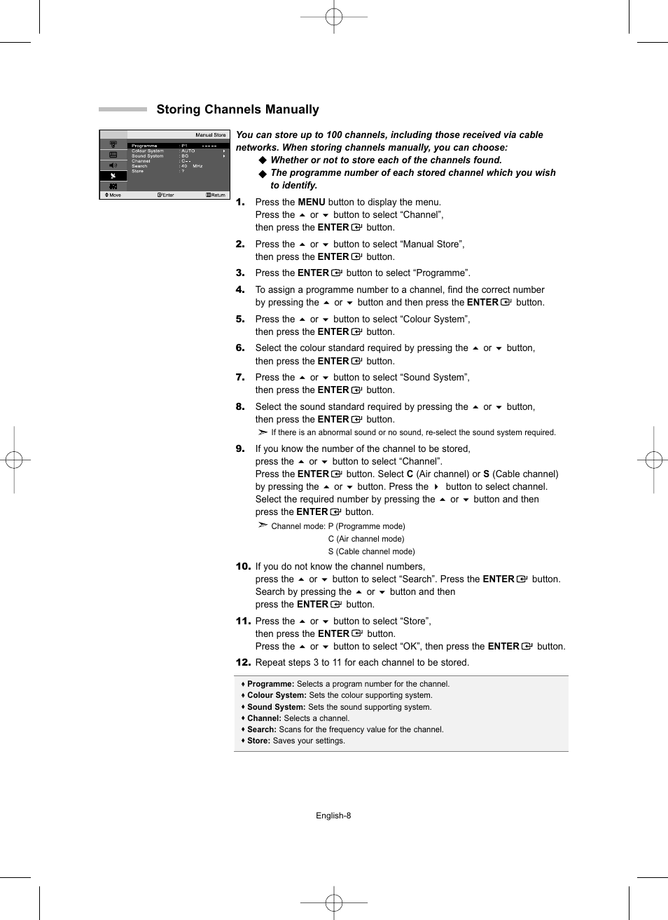 Storing channels manually | Samsung LW15M23CP User Manual | Page 10 / 66