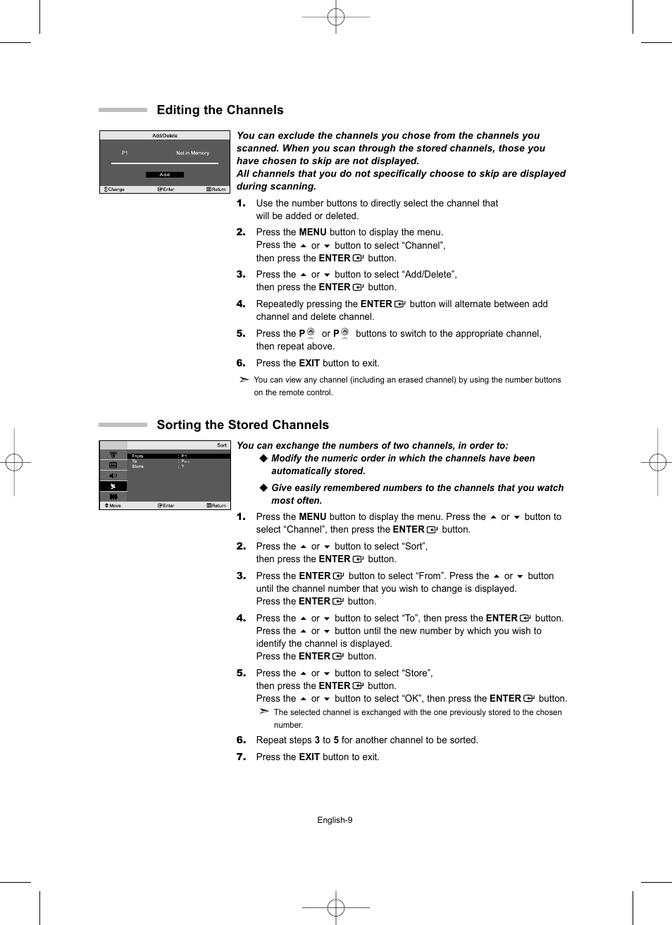 Editing the channels, Sorting the stored channels | Samsung LW15M23CP User Manual | Page 11 / 66