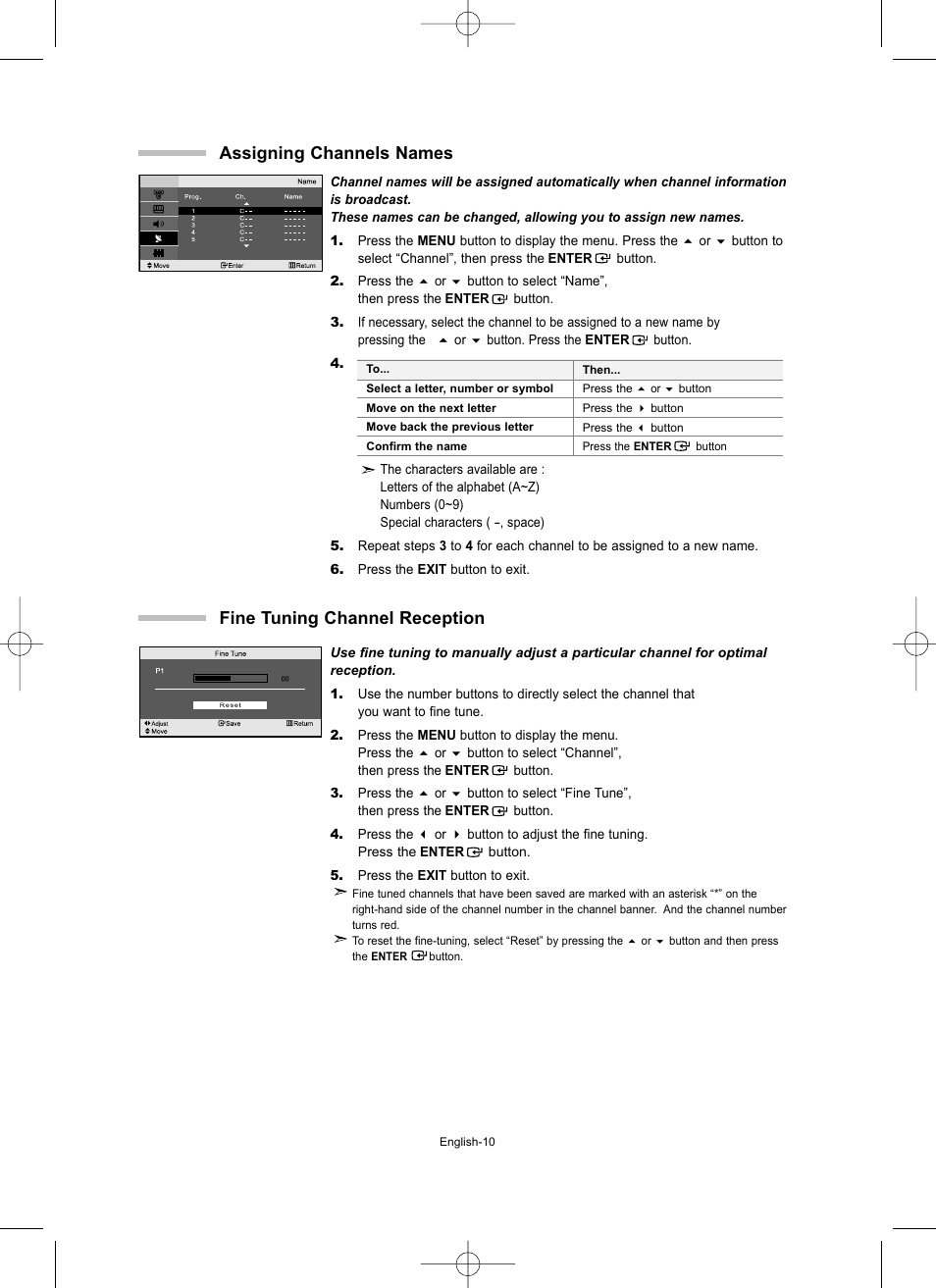 Assigning channels names, Fine tuning channel reception | Samsung LW15M23CP User Manual | Page 12 / 66