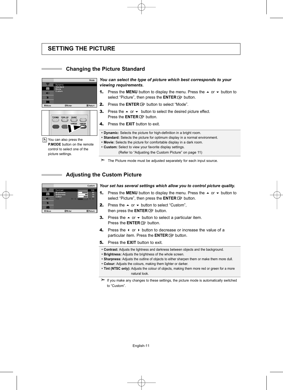 Setting the picture, Changing the picture standard, Adjusting the custom picture | Samsung LW15M23CP User Manual | Page 13 / 66