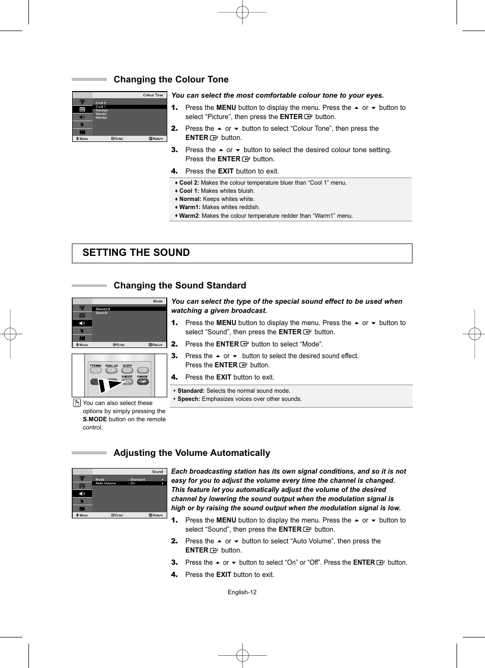 Changing the colour tone, Setting the sound, Changing the sound standard | Adjusting the volume automatically | Samsung LW15M23CP User Manual | Page 14 / 66