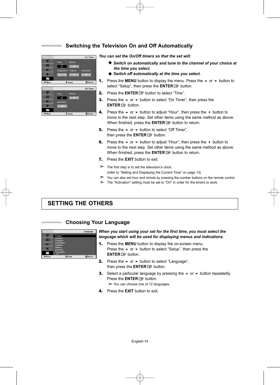 Switching the television on and off automatically, Setting the others, Choosing your language | Samsung LW15M23CP User Manual | Page 16 / 66
