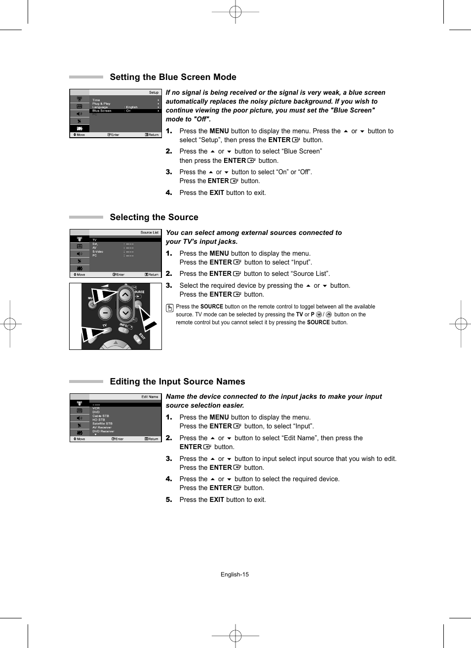 Setting the blue screen mode, Selecting the source, Editing the input source names | Samsung LW15M23CP User Manual | Page 17 / 66