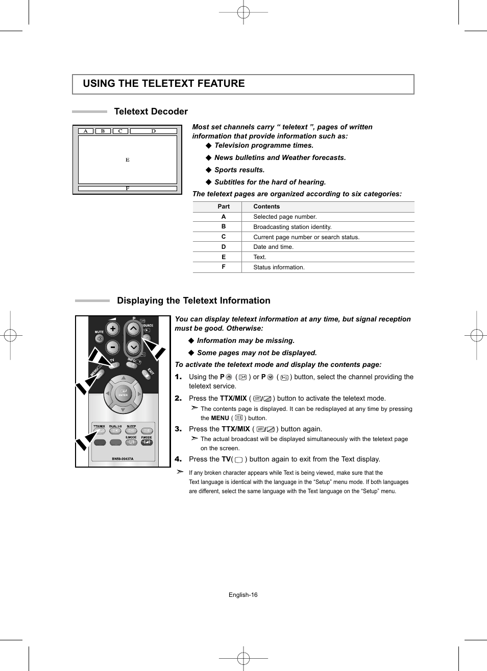 Using the teletext feature, Teletext decoder, Displaying the teletext information | Samsung LW15M23CP User Manual | Page 18 / 66