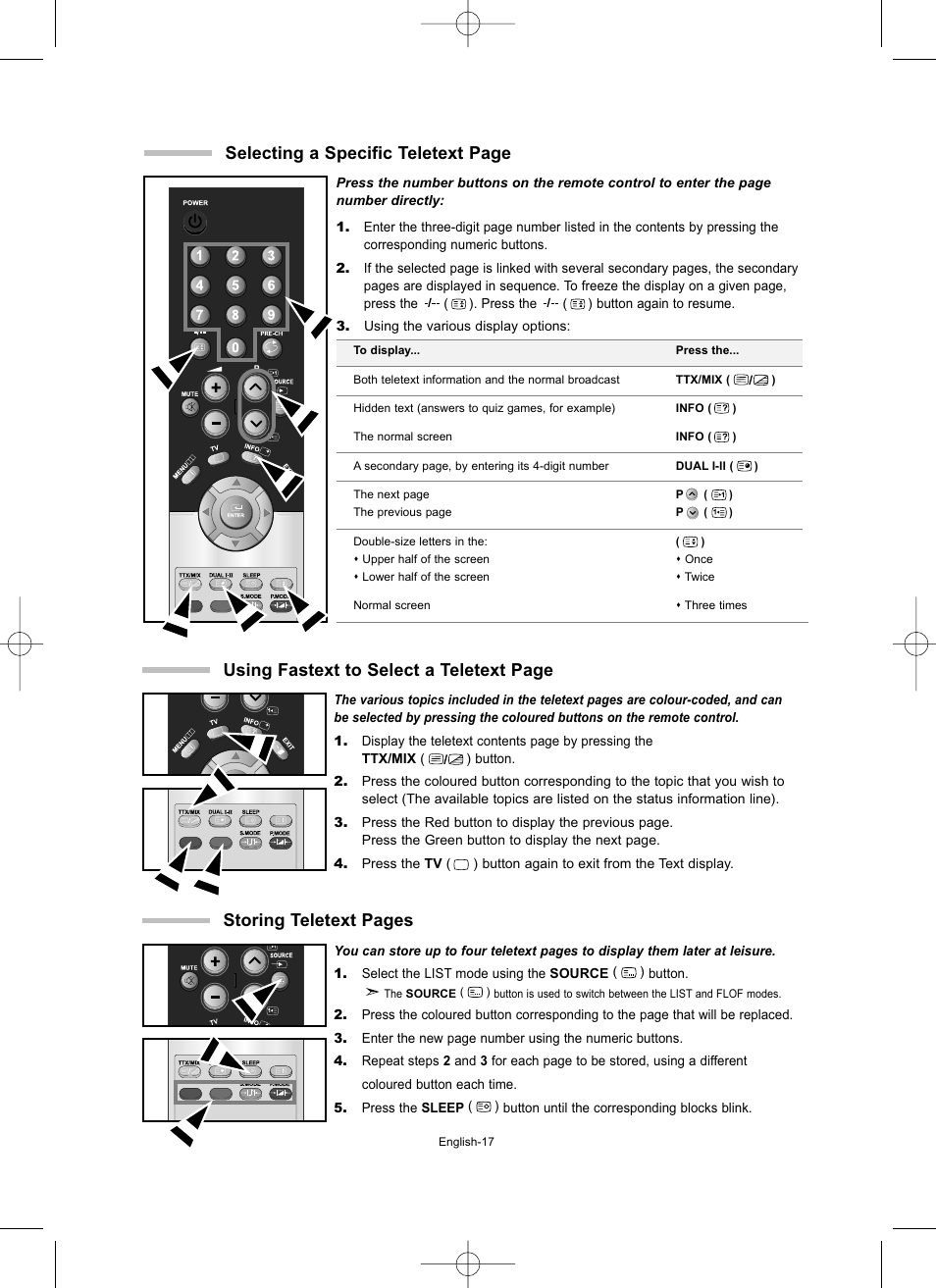 Selecting a specific teletext page, Using fastext to select a teletext page, Storing teletext pages | Samsung LW15M23CP User Manual | Page 19 / 66