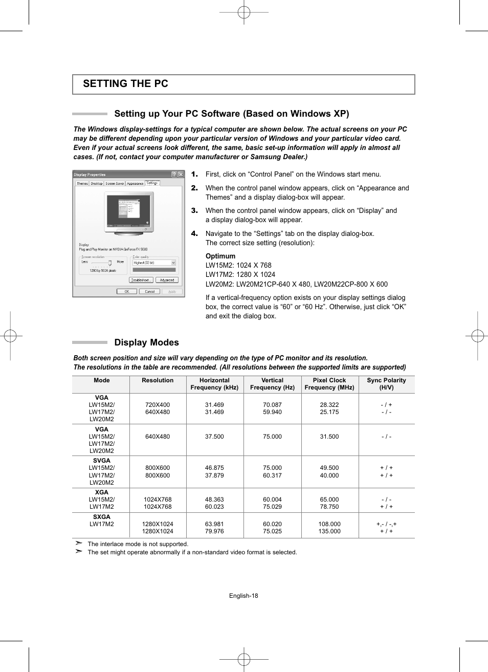 Setting the pc, Setting up your pc software (based on windows xp), Display modes | Samsung LW15M23CP User Manual | Page 20 / 66