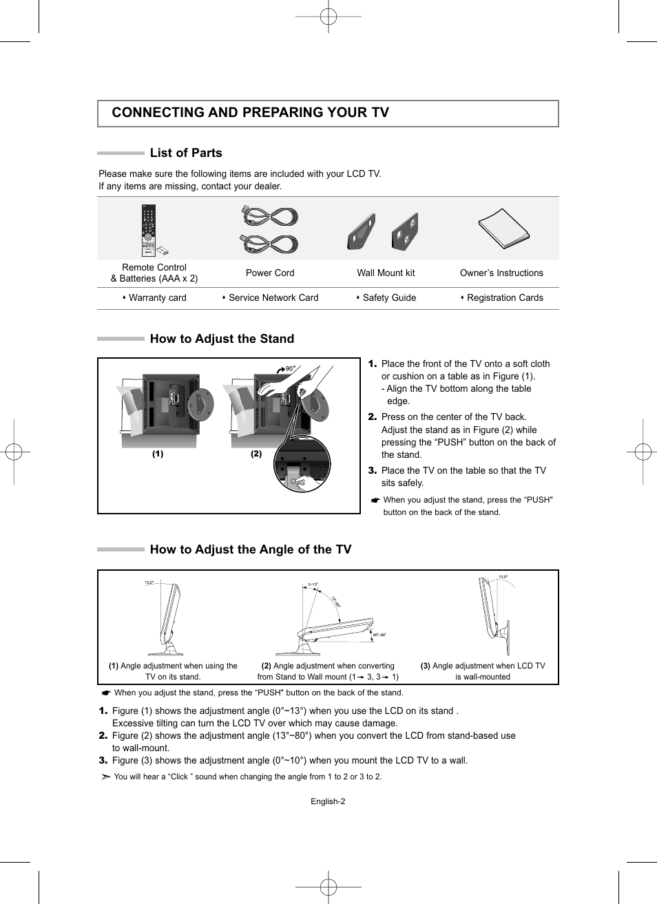 Connecting and preparing your tv, List of parts, How to adjust the stand | How to adjust the angle of the tv | Samsung LW15M23CP User Manual | Page 4 / 66