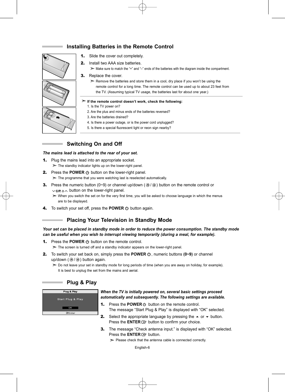 Installing batteries in the remote control, Switching on and off, Placing your television in standby mode | Plug & play | Samsung LW15M23CP User Manual | Page 8 / 66