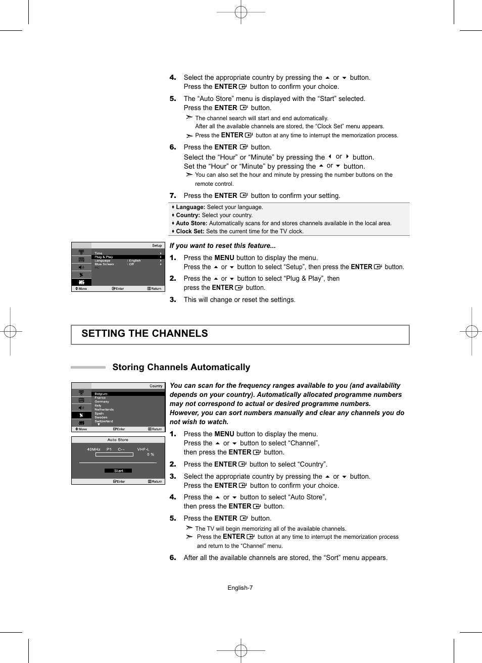 Setting the channels, Storing channels automatically | Samsung LW15M23CP User Manual | Page 9 / 66