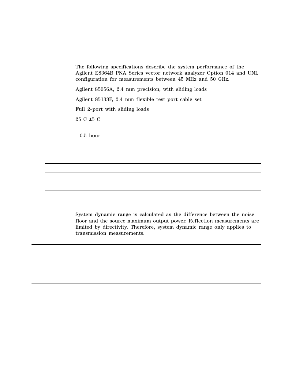 Network analyzer system performance, Maximum output power, Dynamic range | Maximum output power dynamic range | Agilent Technologies 85225F User Manual | Page 142 / 148