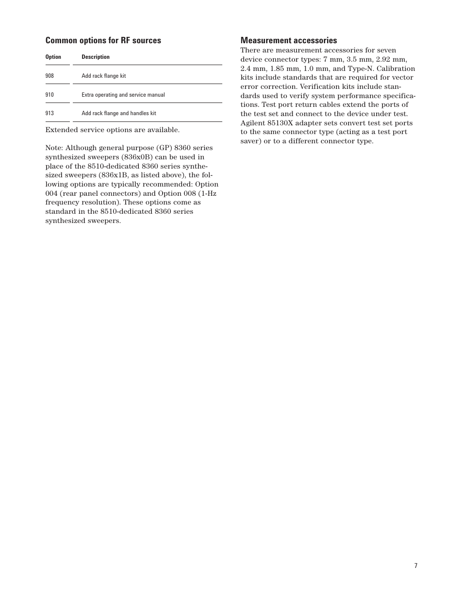 Common options for rf sources, Measurement accessories | Agilent Technologies 8510C User Manual | Page 7 / 16