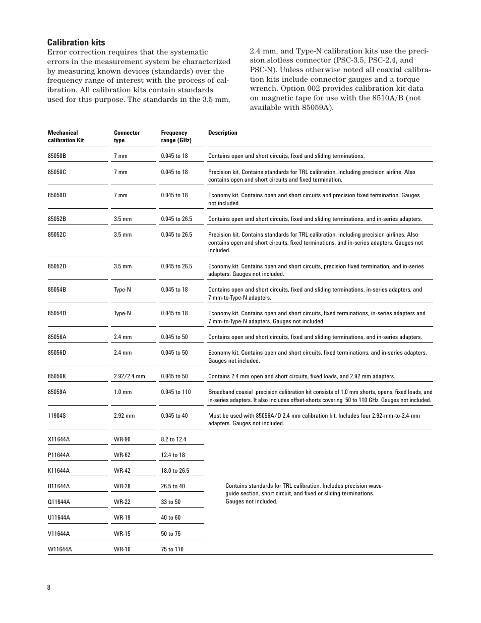 Calibration kits | Agilent Technologies 8510C User Manual | Page 8 / 16