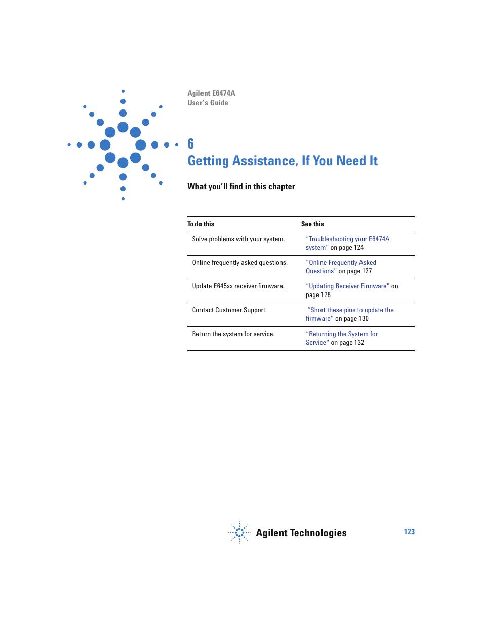 Getting assistance, if you need it, What you’ll find in this chapter, Getting assistance, if you need it 123 | 6 getting assistance, if you need it, Agilent technologies | Agilent Technologies Wireless Network Optimization Platform E6474A User Manual | Page 123 / 194