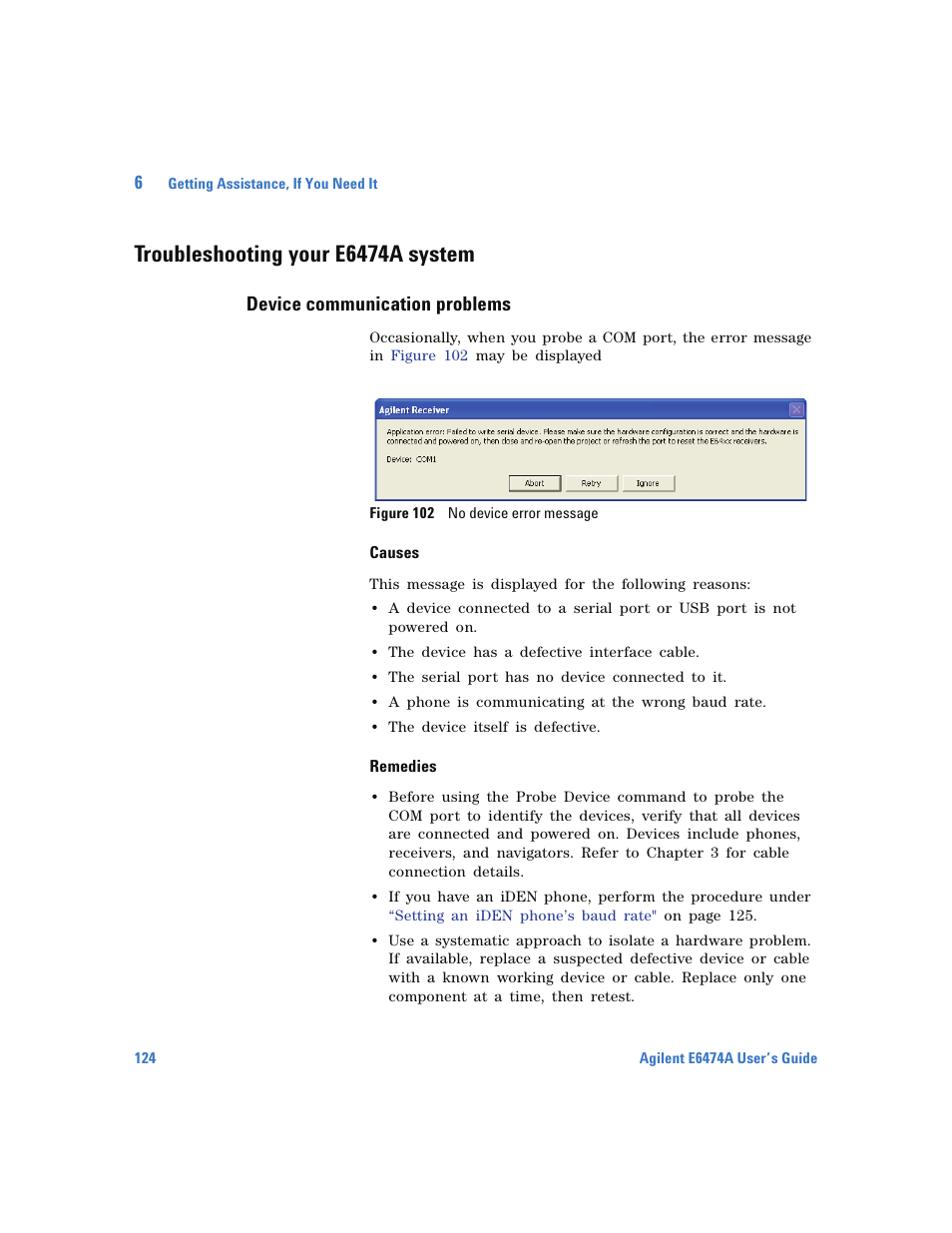 Troubleshooting your e6474a system, Device communication problems, Causes | Remedies | Agilent Technologies Wireless Network Optimization Platform E6474A User Manual | Page 124 / 194