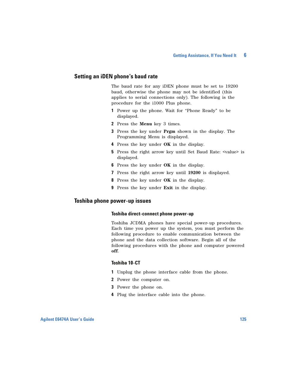 Setting an iden phone’s baud rate, Toshiba phone power-up issues, Toshiba direct-connect phone power-up | Toshiba 10-ct | Agilent Technologies Wireless Network Optimization Platform E6474A User Manual | Page 125 / 194