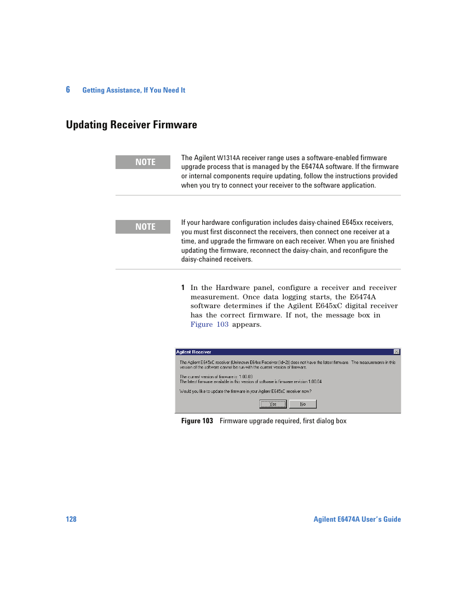 Updating receiver firmware | Agilent Technologies Wireless Network Optimization Platform E6474A User Manual | Page 128 / 194