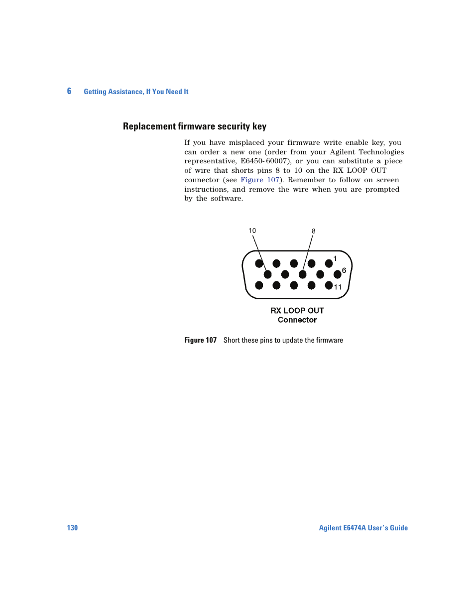 Replacement firmware security key, Short these pins to update the, Firmware | Agilent Technologies Wireless Network Optimization Platform E6474A User Manual | Page 130 / 194