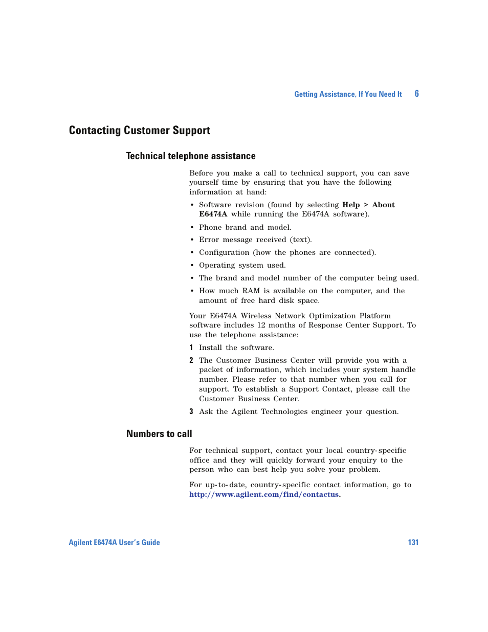 Contacting customer support, Technical telephone assistance, Numbers to call | Agilent Technologies Wireless Network Optimization Platform E6474A User Manual | Page 131 / 194