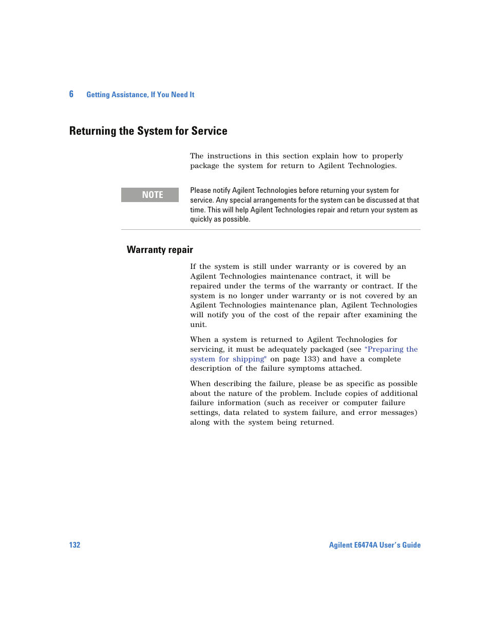 Returning the system for service, Warranty repair | Agilent Technologies Wireless Network Optimization Platform E6474A User Manual | Page 132 / 194