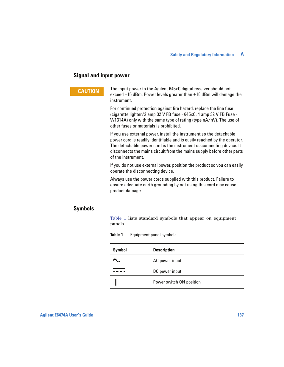 Signal and input power, Symbols, Signal and input power symbols | Agilent Technologies Wireless Network Optimization Platform E6474A User Manual | Page 137 / 194