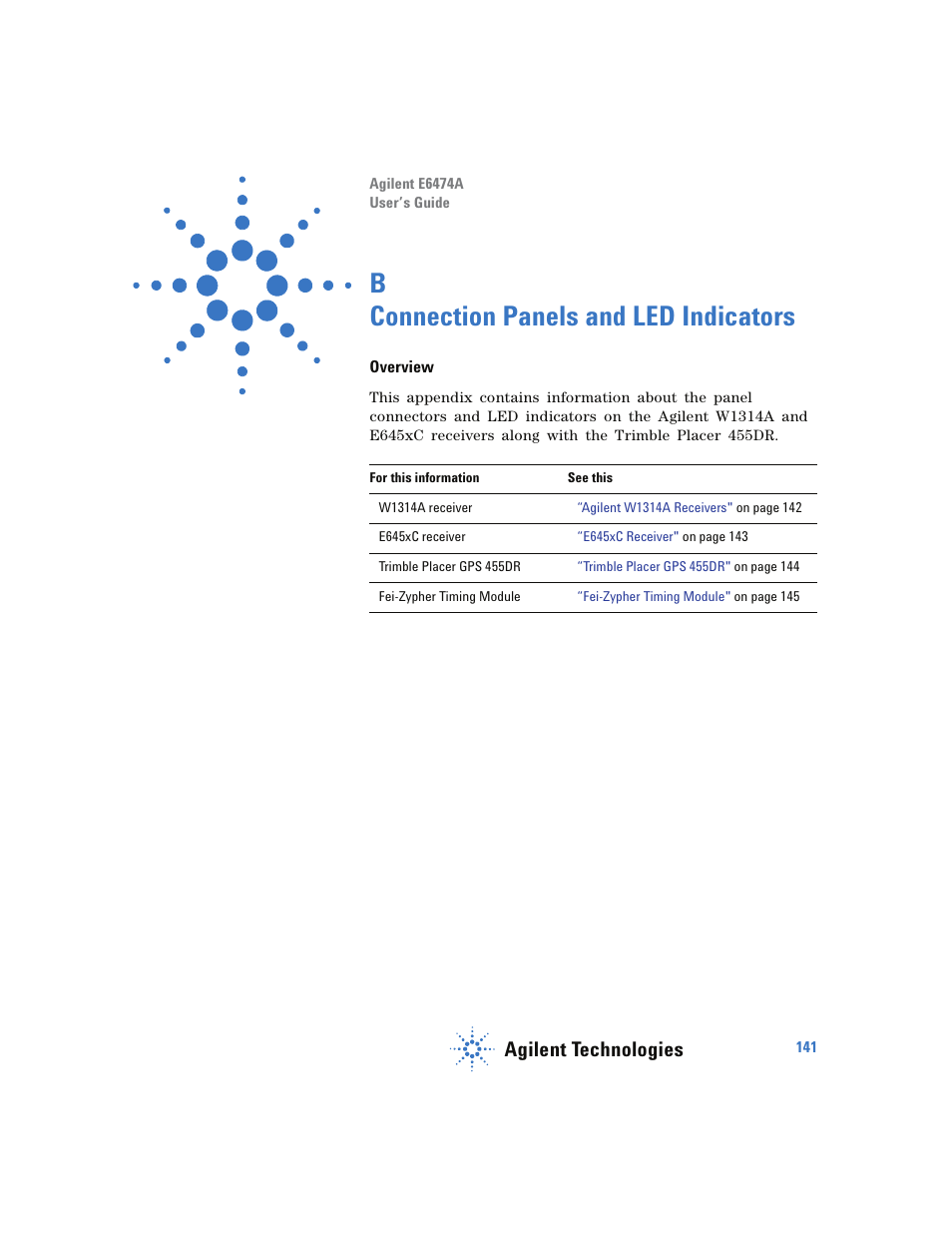 Connection panels and led indicators, Overview, Connection panels and led indicators 141 | B connection panels and led indicators, Agilent technologies | Agilent Technologies Wireless Network Optimization Platform E6474A User Manual | Page 141 / 194