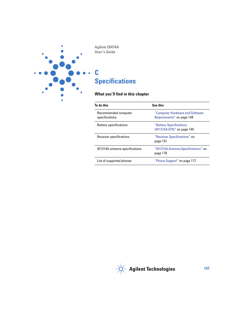 Specifications, What you’ll find in this chapter, C specifications | Agilent technologies | Agilent Technologies Wireless Network Optimization Platform E6474A User Manual | Page 147 / 194