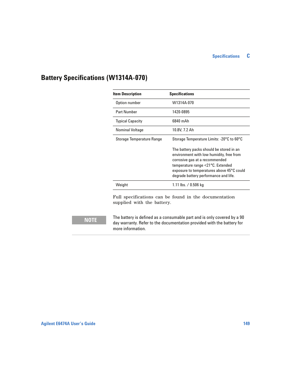 Battery specifications (w1314a-070) | Agilent Technologies Wireless Network Optimization Platform E6474A User Manual | Page 149 / 194