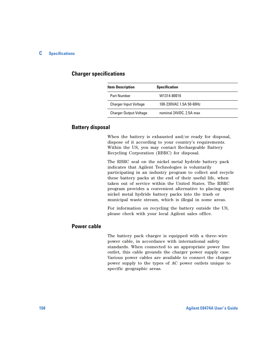 Charger specifications, Battery disposal, Power cable | Charger specifications battery disposal | Agilent Technologies Wireless Network Optimization Platform E6474A User Manual | Page 150 / 194