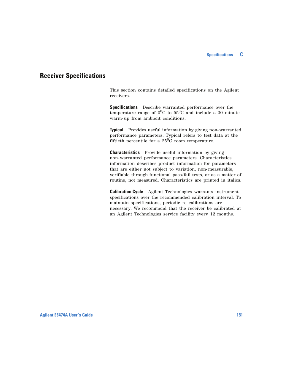 Receiver specifications | Agilent Technologies Wireless Network Optimization Platform E6474A User Manual | Page 151 / 194