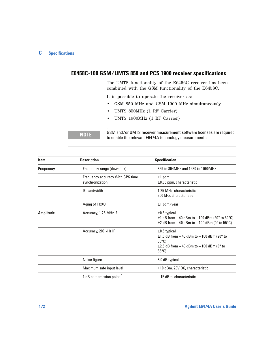 E6458c-100 gsm/umts 850 and pcs 1900 receiver, Specifications | Agilent Technologies Wireless Network Optimization Platform E6474A User Manual | Page 172 / 194