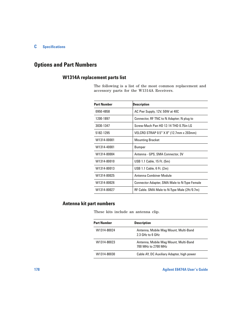 Options and part numbers, W1314a replacement parts list, Antenna kit part numbers | Agilent Technologies Wireless Network Optimization Platform E6474A User Manual | Page 178 / 194