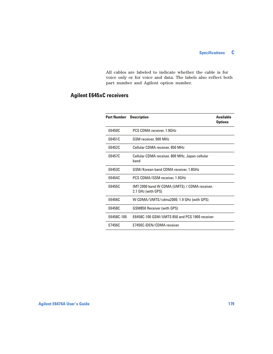 Agilent e645xc receivers | Agilent Technologies Wireless Network Optimization Platform E6474A User Manual | Page 179 / 194