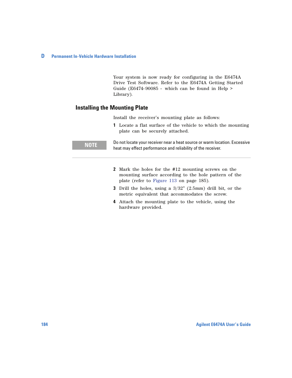 Installing the mounting plate | Agilent Technologies Wireless Network Optimization Platform E6474A User Manual | Page 184 / 194