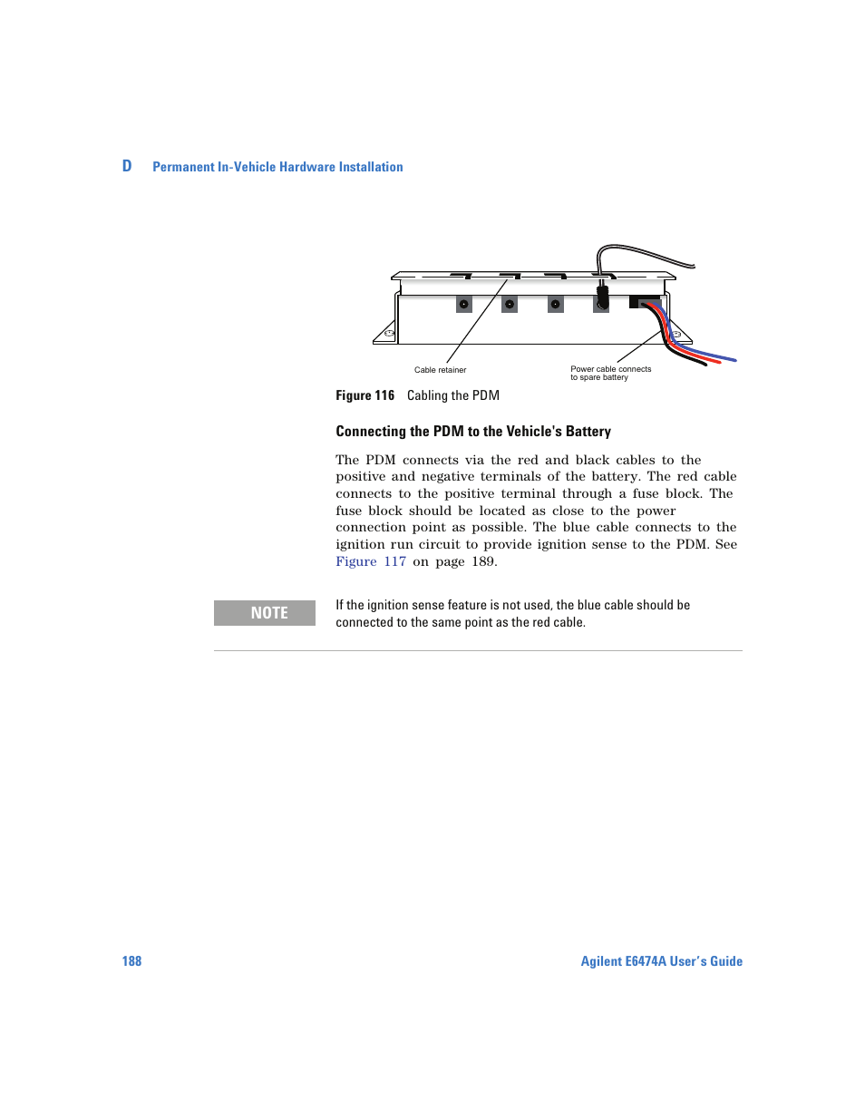 Connecting the pdm to the vehicle's battery | Agilent Technologies Wireless Network Optimization Platform E6474A User Manual | Page 188 / 194