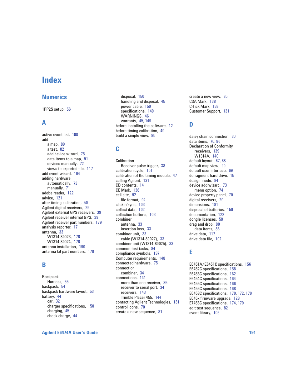 Index, Numerics | Agilent Technologies Wireless Network Optimization Platform E6474A User Manual | Page 191 / 194
