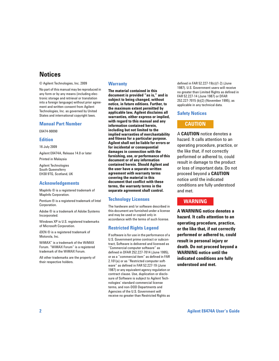 Notices, Caution, Warning | Agilent Technologies Wireless Network Optimization Platform E6474A User Manual | Page 2 / 194